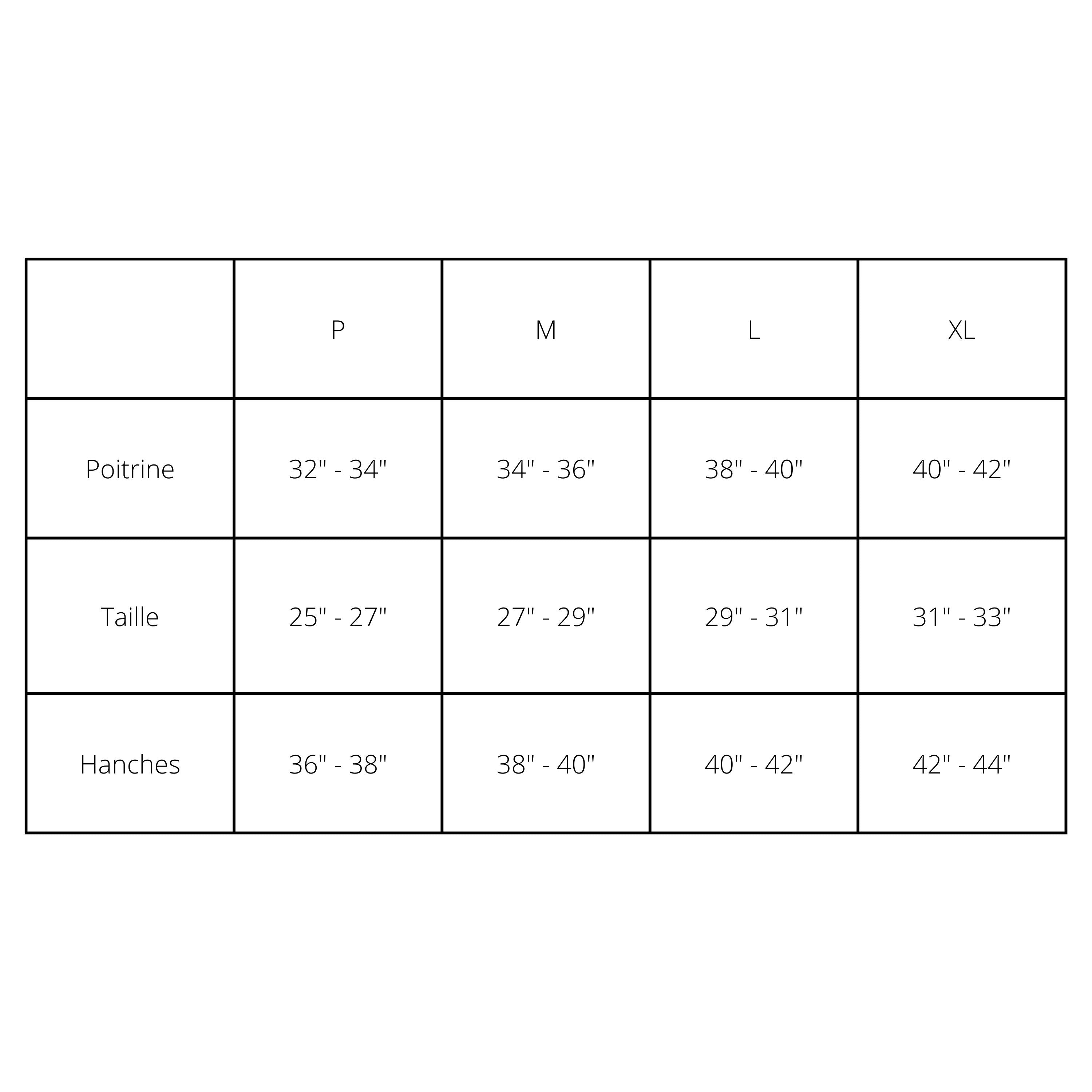 Tableau de la fiche technique avec les mensurations pour S, M, L, XL.