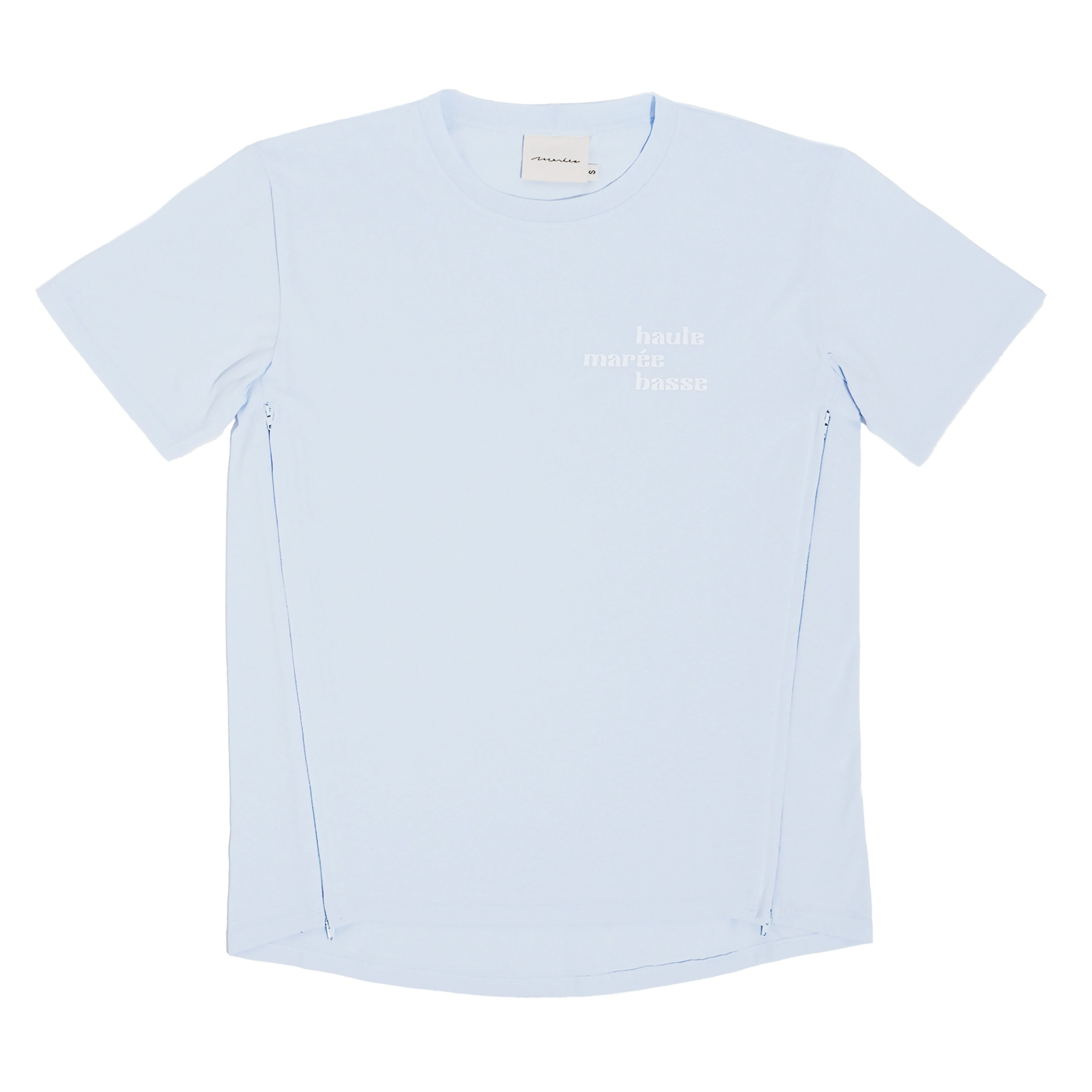 Photo du tee-shirt d'allaitement Marée haute marée basse à plat sur fond blanc.