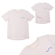 Montage de photos du tee-shirt d'allaitement vagues d'amour à plat sur fond blanc.