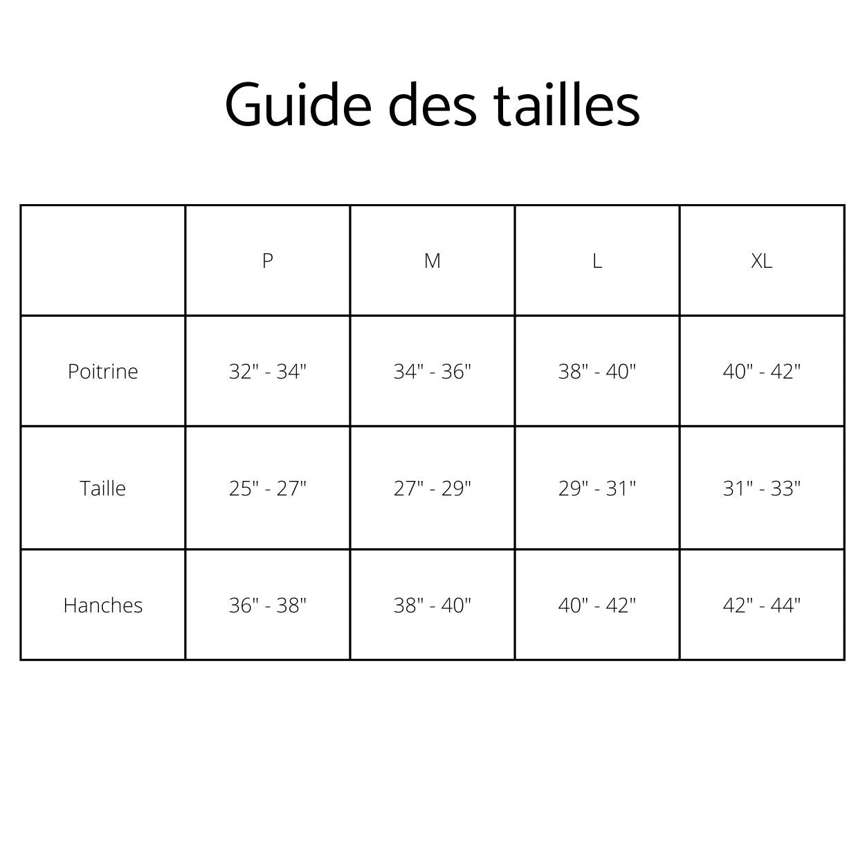 Guide des tailles des tee-shirts d'allaitement Marées de taille Petit à X-Large